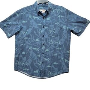 Huk Fishing Shirt Mens Small Blue Fish Leaf Pattern Button Up Short‎ Sleeve